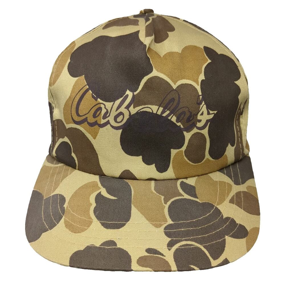 Cabela's 5 Panel Beige Duck Camo Snapback Cotton Flat Brim Script Hat Vintage